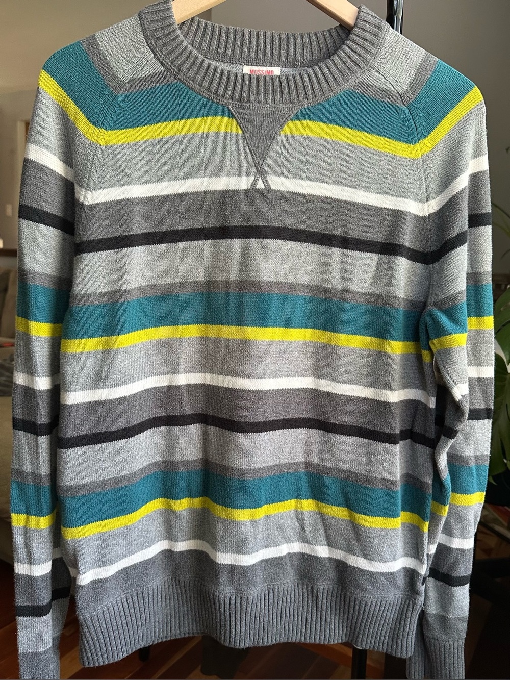 Men's Gray Striped Cotton Sweater with Teal & Lime Green Accents - Size M